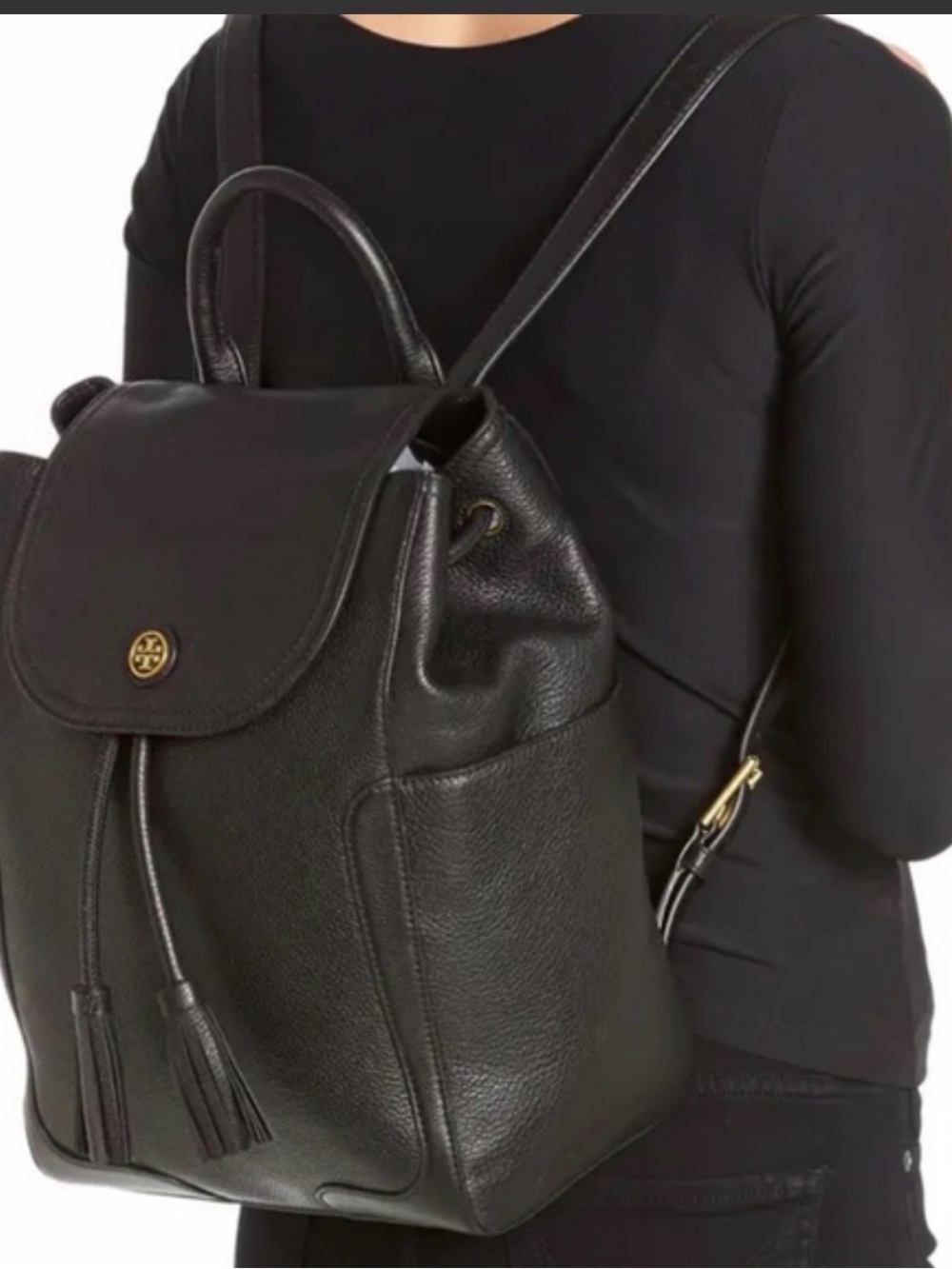Tory Burch Black Pebbled Leather Drawstring Backpack with Tassels